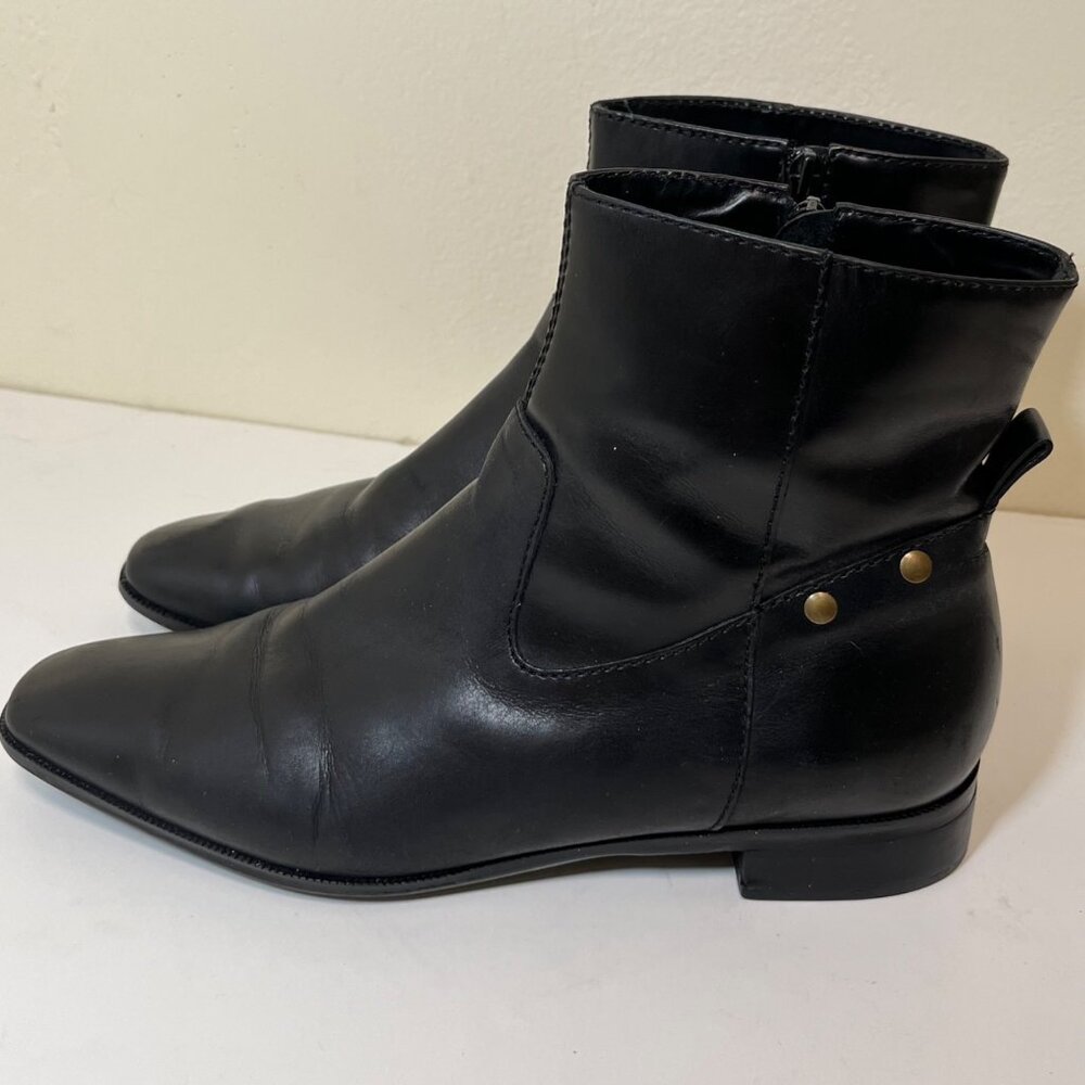 Talbots Black Leather Ankle Boots Almond Toe Side Zipper Brass Studs 6.5 B Women